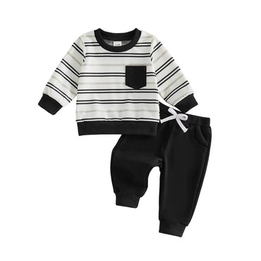 Long Sleeve Striped Pocket Solid Pants Baby Set