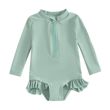 Long Sleeve Ruffles Zipper Toddler Swimsuit Green 9-12 M 