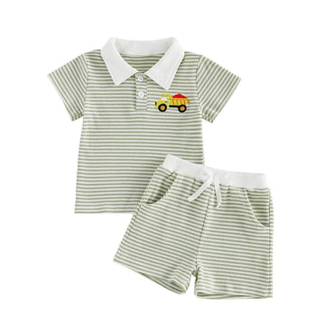 Short Sleeve Striped Collar Toddler Set Green 18-24 M