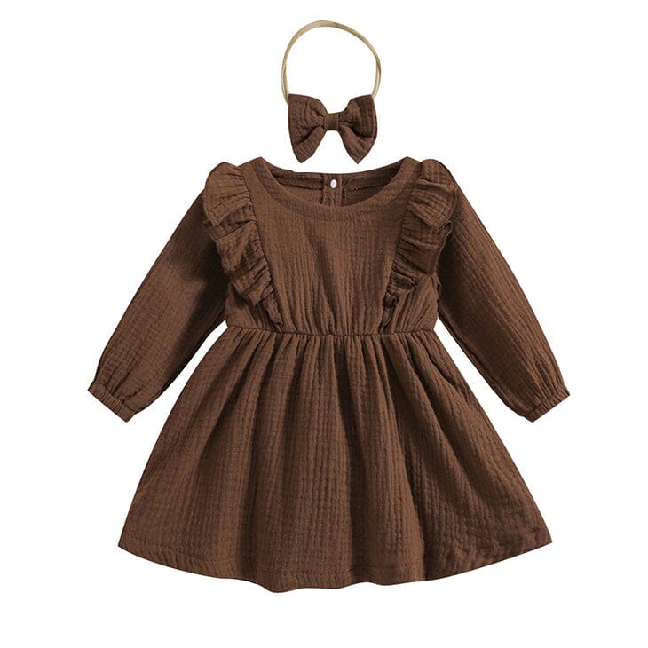Long Sleeve Solid Ruffles Toddler Dress Brown 9-12 M 