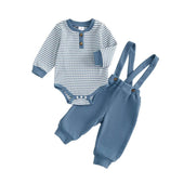 Long Sleeve Striped Suspender Baby Set Blue 0-3 M