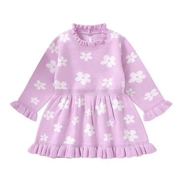 Long Sleeve Floral Ruffled Baby Dress Purple 6-9 M 