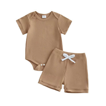 Short Sleeve Solid Shorts Ribbed Baby Set Brown 0-3 M