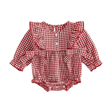 Long Sleeve Gingham Bows Ruffled Baby Romper