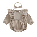 Long Sleeve Solid Ruffled Baby Romper Beige 0-3 M