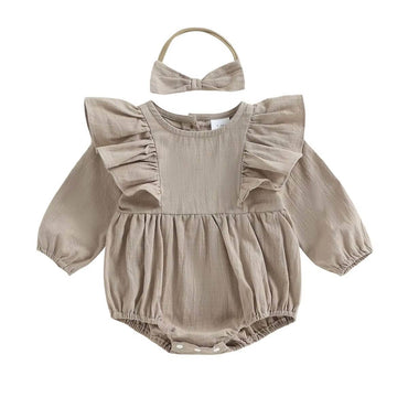 Long Sleeve Solid Ruffled Baby Romper Beige 0-3 M