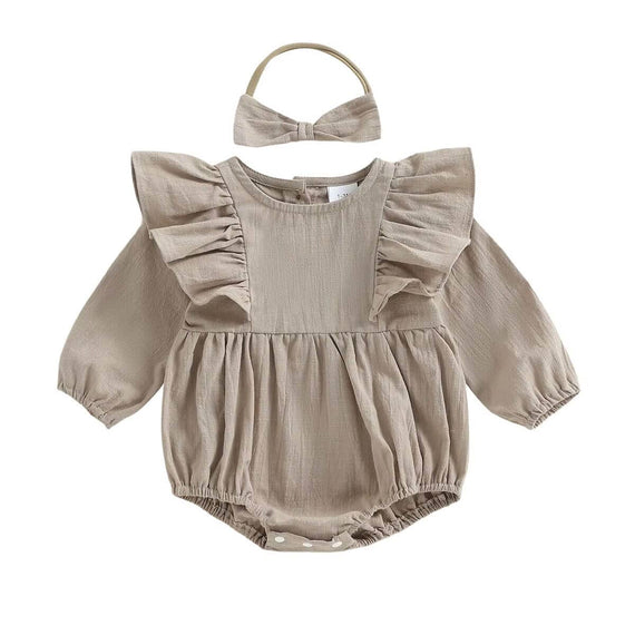 Long Sleeve Solid Ruffled Baby Romper Beige 0-3 M