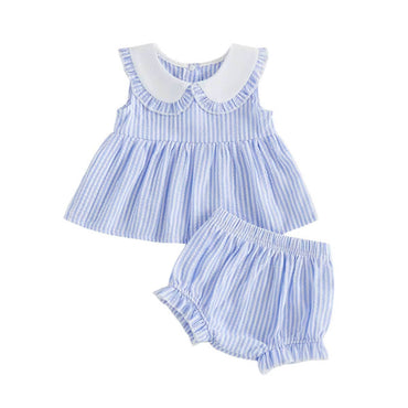 Sleeveless Collar Striped Baby Set Blue 3-6 M