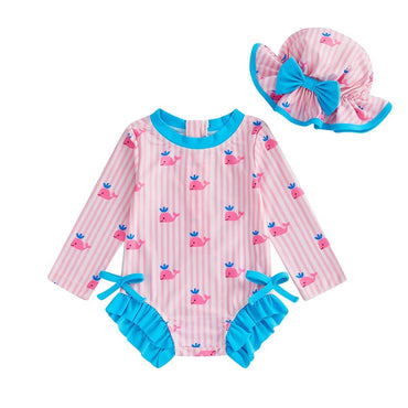 Long Sleeve Pink Striped Whale Baby Swimsuit