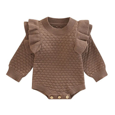 Long Sleeve Solid Ruffles Baby Romper Brown 3-6 M 