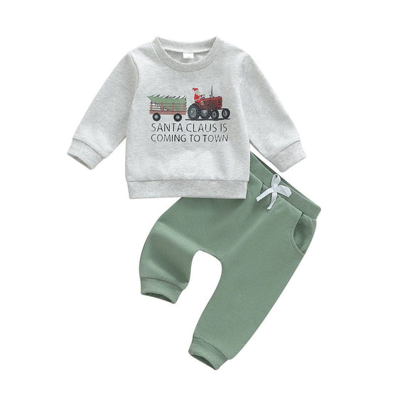 Long Sleeve Santa Claus Solid Pants Toddler Set Green 9-12 M