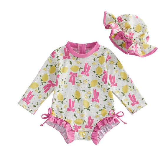 Long Sleeve Lemon Bow Baby Swimsuit