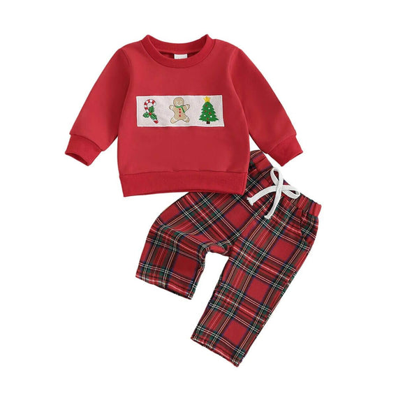 Long Sleeve Christmas Plaid Pants Toddler Set