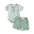 Short Sleeve Striped Solid Shorts Baby Set Green 3-6 M