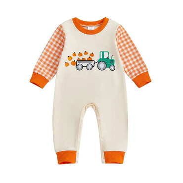 Long Sleeve Tractor Pumpkin Baby Jumpsuit