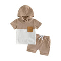 Short Sleeve Hooded Color Block Waffle Baby Set Brown 3-6 M