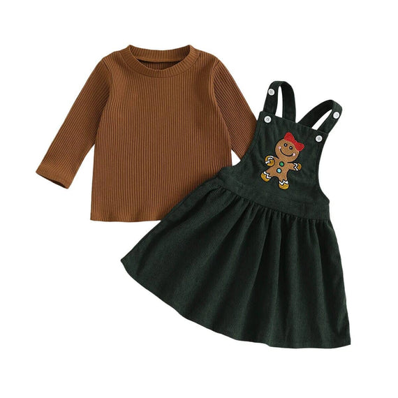 Long Sleeve Christmas Overall Skirt Toddler Set Brown 9-12 M