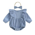 Long Sleeve Solid Ruffled Baby Romper Blue 0-3 M