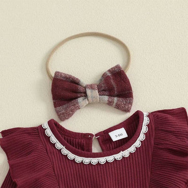 Long Sleeve Plaid Ruffled Bow Baby Romper