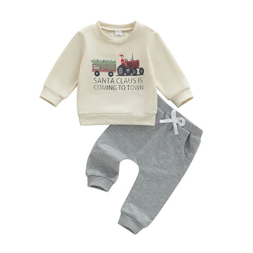 Long Sleeve Santa Claus Solid Pants Toddler Set Beige 9-12 M
