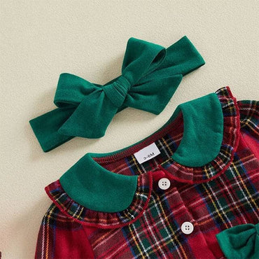 Long Sleeve Christmas Plaid Bows Baby Romper