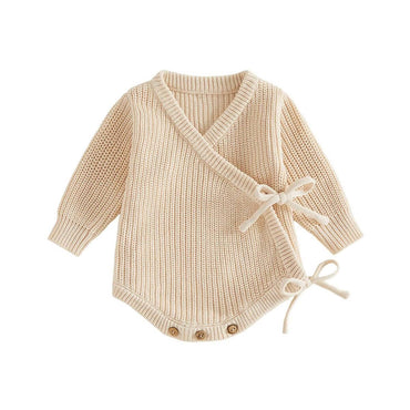 Long Sleeve Solid Knitted Baby Romper Rompers The Trendy Toddlers Beige 0-3 M 