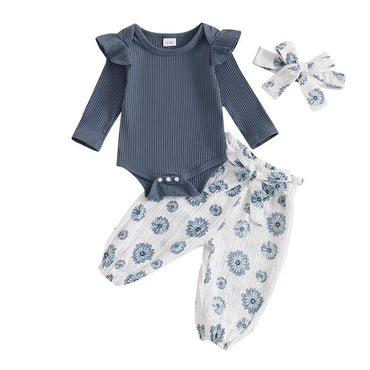 Long Sleeve Floral Pants Baby Set Blue 0-3 M