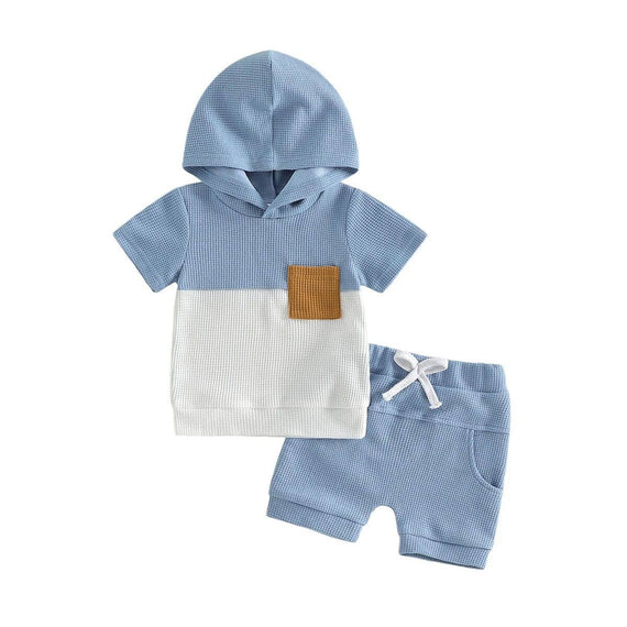 Short Sleeve Hooded Color Block Waffle Baby Set Blue 3-6 M