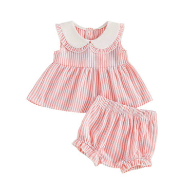 Sleeveless Collar Striped Baby Set Pink 3-6 M
