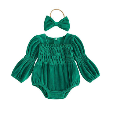 Long Sleeve Smocked Solid Baby Romper Green Newborn