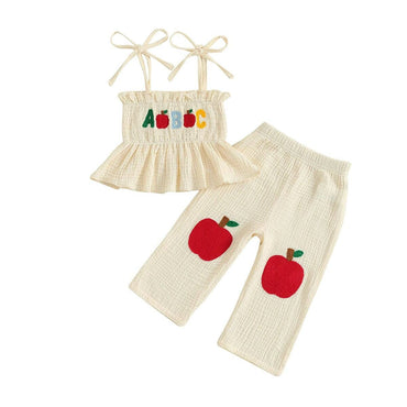 Tie Up Straps Apple Pants Toddler Set Beige 9-12 M
