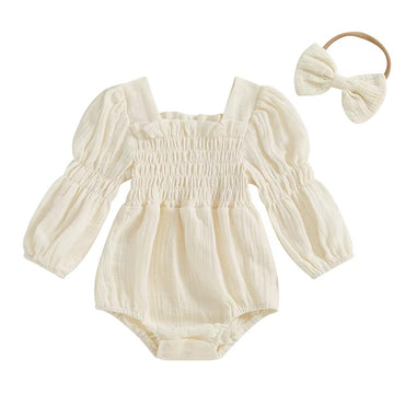 Long Sleeve Solid Vintage Baby Romper Beige 0-3 M