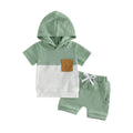 Short Sleeve Hooded Color Block Waffle Baby Set Green 3-6 M