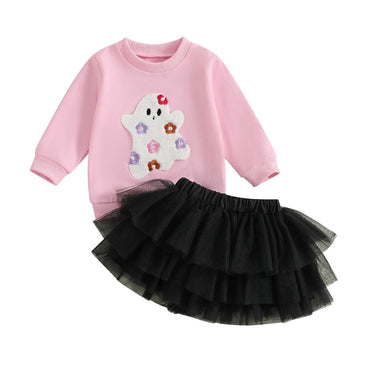Long Sleeve Ghost Tulle Skirt Toddler Set Pink 2T