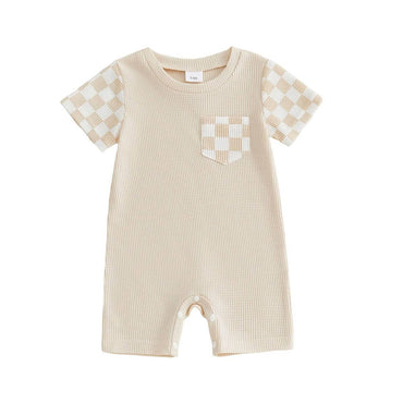 Short Sleeve Checkered Pocket Baby Romper Beige 0-3 M