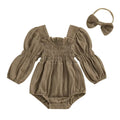 Long Sleeve Solid Vintage Baby Romper Khaki 0-3 M