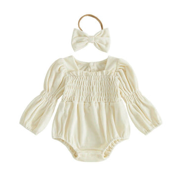 Long Sleeve Smocked Solid Baby Romper Beige Newborn