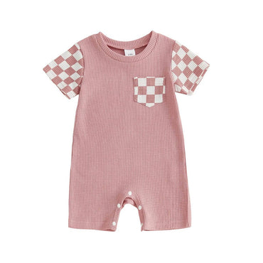 Short Sleeve Checkered Pocket Baby Romper Pink 0-3 M