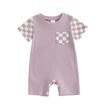 Short Sleeve Checkered Pocket Baby Romper Purple 0-3 M