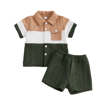 Short Sleeve Collar Button Up Toddler Set Green 9-12 M