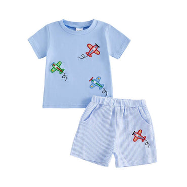 Short Sleeve Airplane Striped Shorts Toddler Set