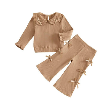 Long Sleeve Solid Ribbed Bows Toddler Set Brown 9-12 M