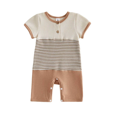 Short Sleeve Striped Waffle Baby Romper Rompers The Trendy Toddlers Brown 0-3 M 
