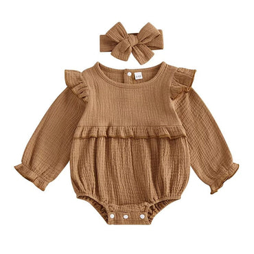 Long Sleeve Solid Ruffled Romper Brown 0-3 M 