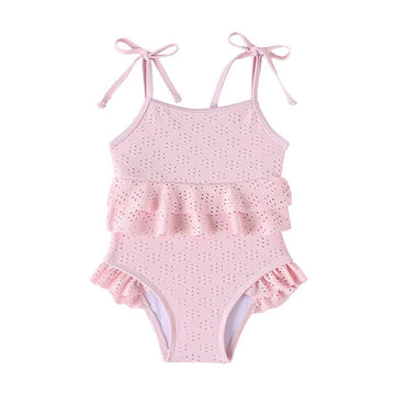 Solid Tie Straps Ruffled Baby Swimsuit Pink 3-6 M