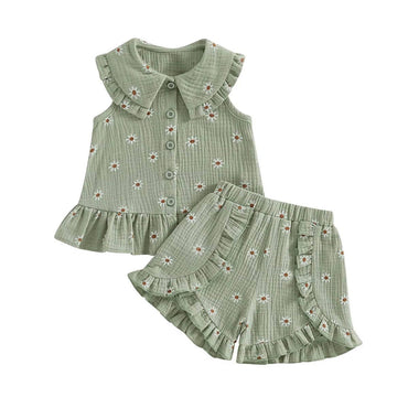 Sleeveless Ruffle Collar Daisy Toddler Set Green 12-18 M