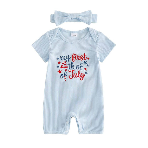 Short Sleeve 4th of July Ribbed Baby Romper Blue 0-3 M