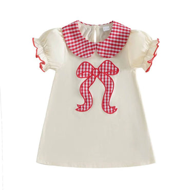Short Sleeve Plaid Collar Bow Toddler Dress