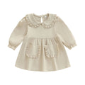 Long Sleeve Solid Vintage Ruffled Toddler Dress Beige 12-18 M