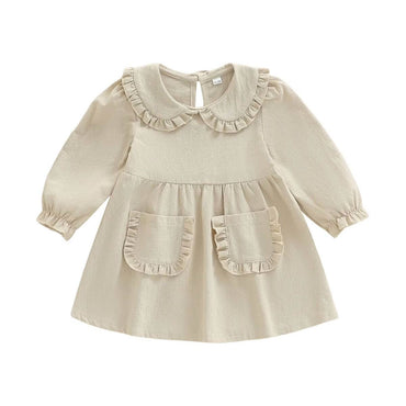 Long Sleeve Solid Vintage Ruffled Toddler Dress Beige 12-18 M